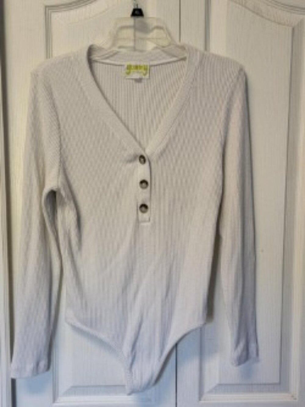Yummy Bodysuit Womens XXL White Ribbed Henley Long Sleeve Stretch Fitted